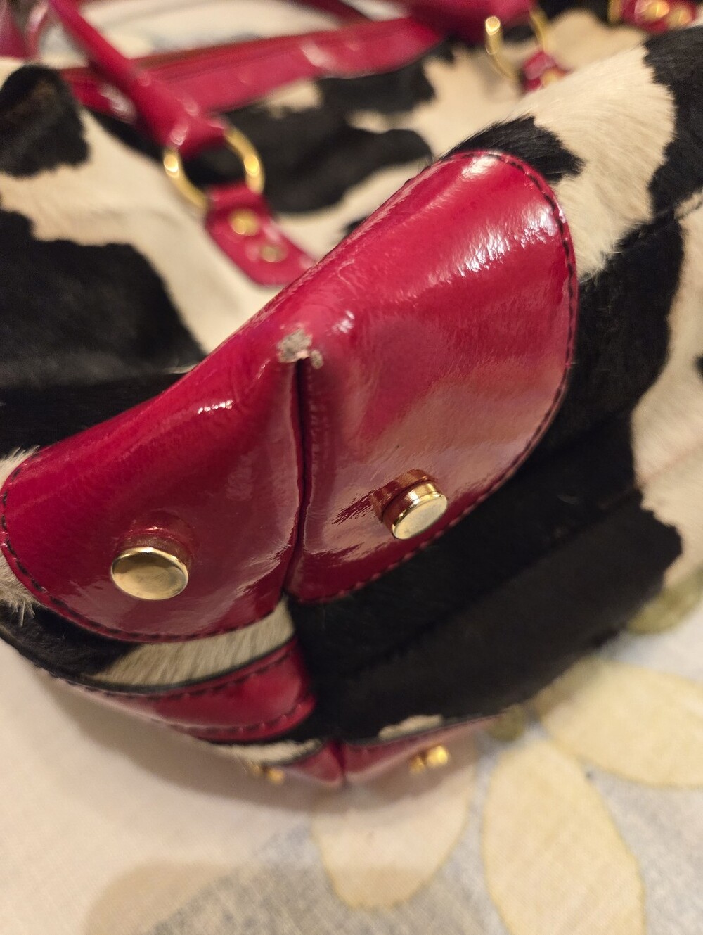 CAVALCANTI Black White Calfβ Hair Cow Print Red Italian Leather X-Large Tote Bag - Picture 13 of 16